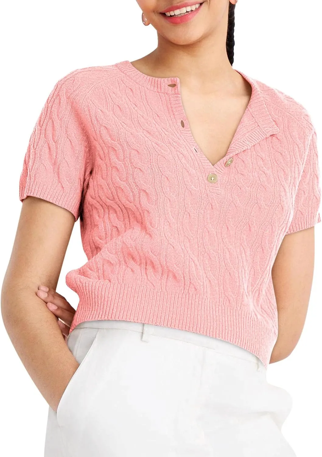 Yousify Short Sleeve Sweaters for Women Trendy 2024 Summer Spring Tops Crewneck Button Up Blouses S-2XL