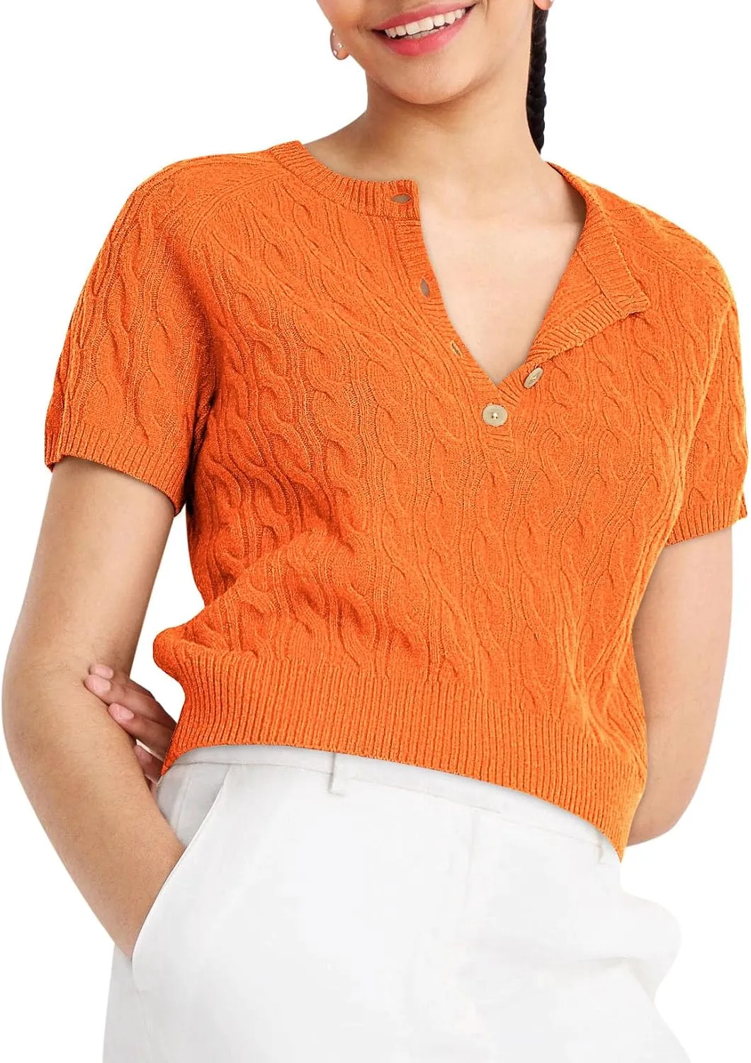 Yousify Short Sleeve Sweaters for Women Trendy 2024 Summer Spring Tops Crewneck Button Up Blouses S-2XL