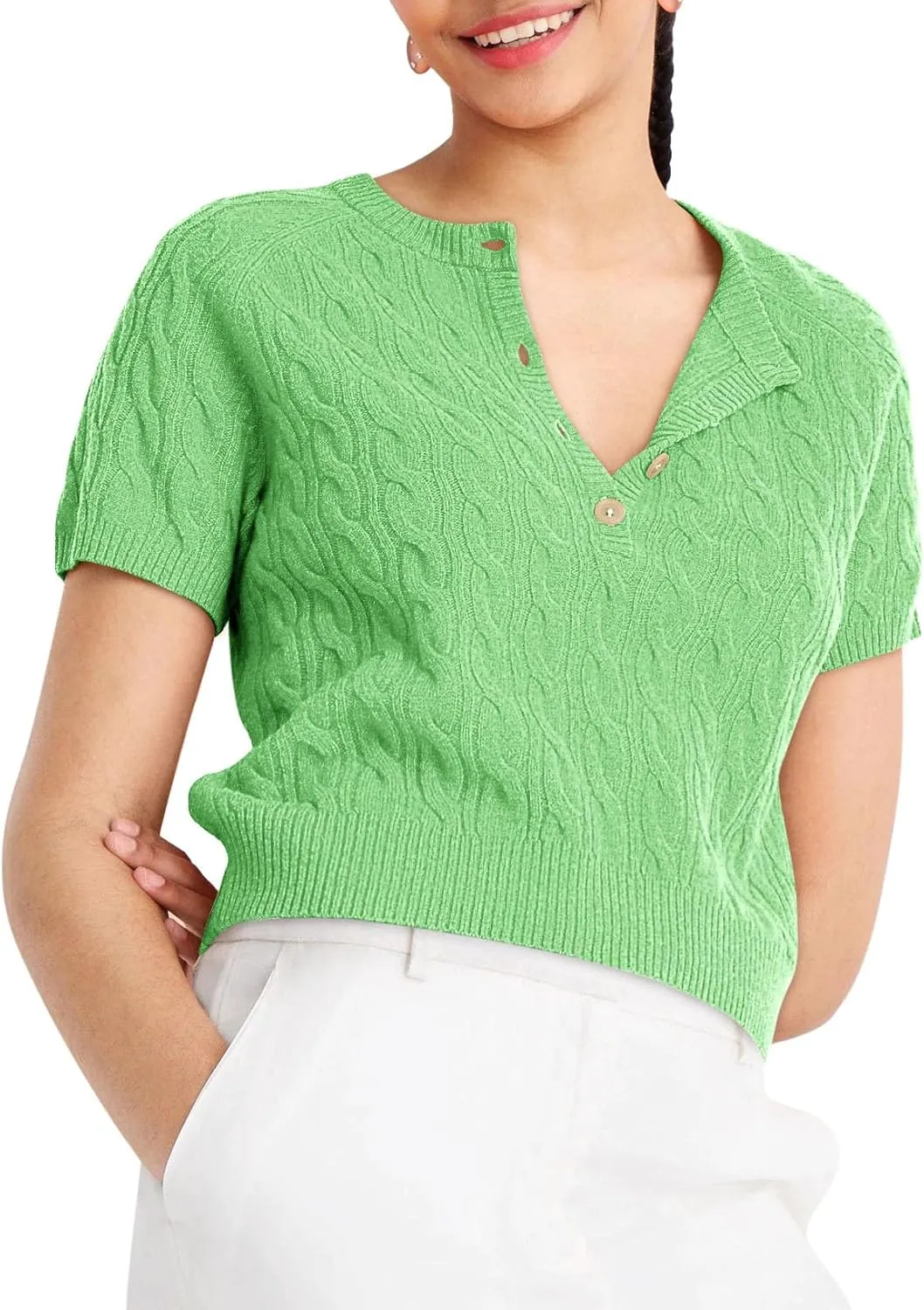 Yousify Short Sleeve Sweaters for Women Trendy 2024 Summer Spring Tops Crewneck Button Up Blouses S-2XL