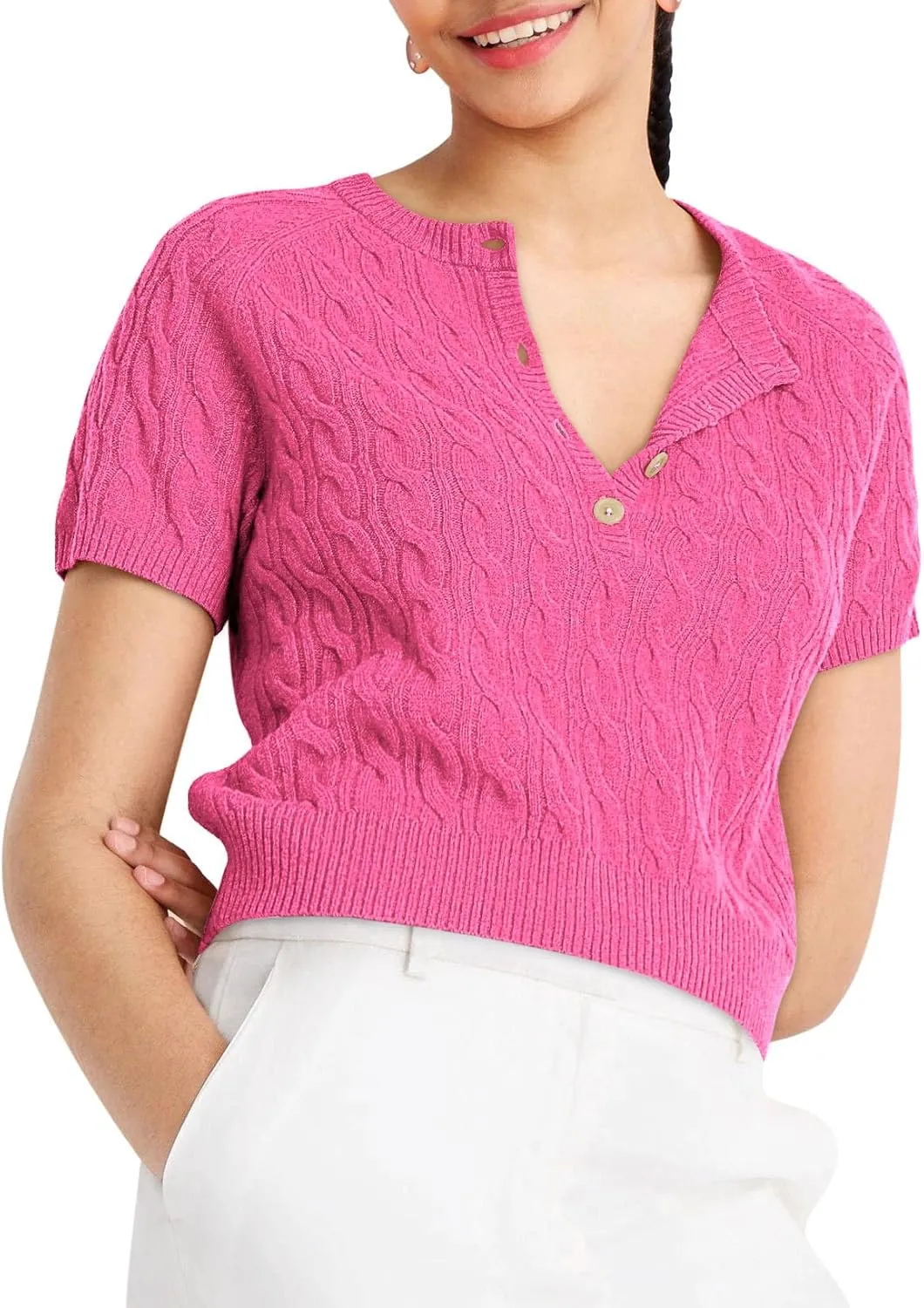 Yousify Short Sleeve Sweaters for Women Trendy 2024 Summer Spring Tops Crewneck Button Up Blouses S-2XL