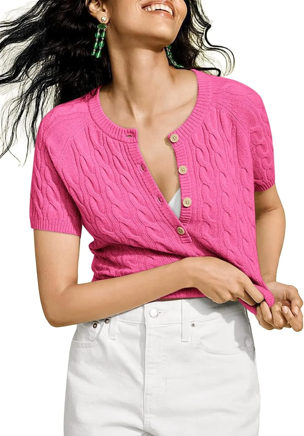 Yousify Short Sleeve Sweaters for Women Trendy 2024 Summer Spring Tops Crewneck Button Up Blouses S-2XL