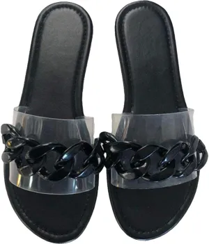 YSMIIH Women Sandals Beach Open Toe Flat Slippers Transparent TPR Fashion Colorful Chain Clear Slide Flip Flops Slip on Outdoor Beach