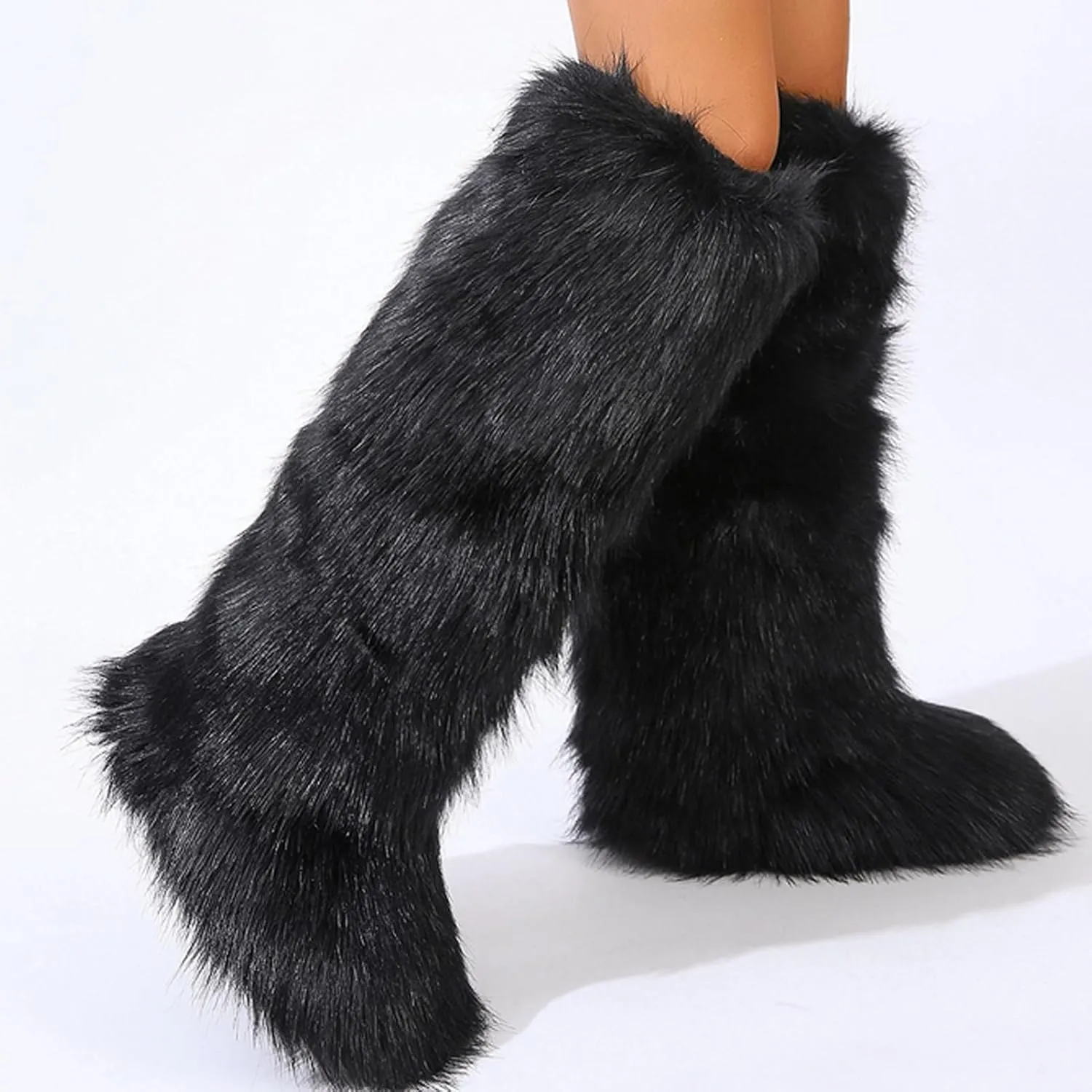 YXCFEWD Faux Fur Boots for Women Winter Knee High Furry Boots Fuzzy Fluffy for Girls Flat Snow Long Boots