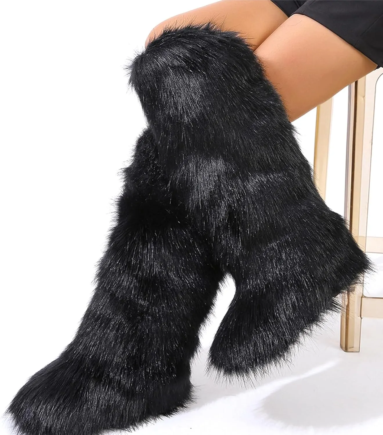 YXCFEWD Faux Fur Boots for Women Winter Knee High Furry Boots Fuzzy Fluffy for Girls Flat Snow Long Boots