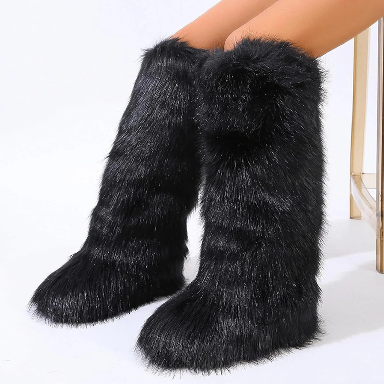 YXCFEWD Faux Fur Boots for Women Winter Knee High Furry Boots Fuzzy Fluffy for Girls Flat Snow Long Boots