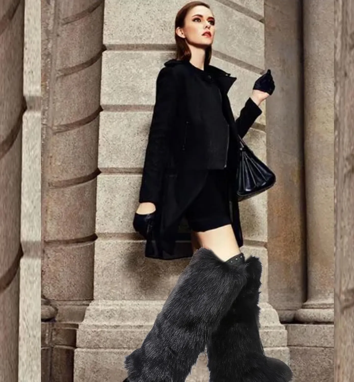 YXCFEWD Faux Fur Boots for Women Winter Knee High Furry Boots Fuzzy Fluffy for Girls Flat Snow Long Boots