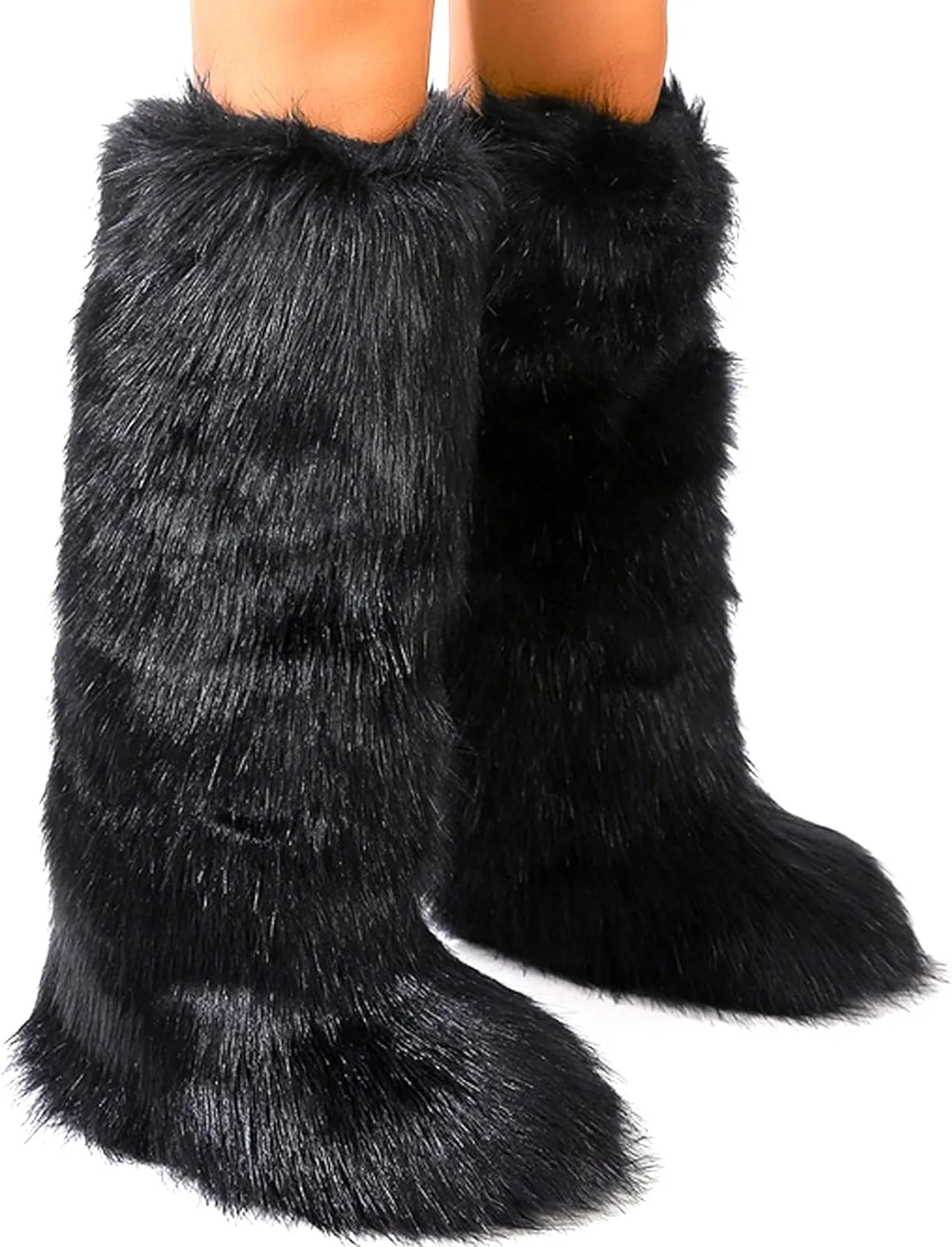 YXCFEWD Faux Fur Boots for Women Winter Knee High Furry Boots Fuzzy Fluffy for Girls Flat Snow Long Boots