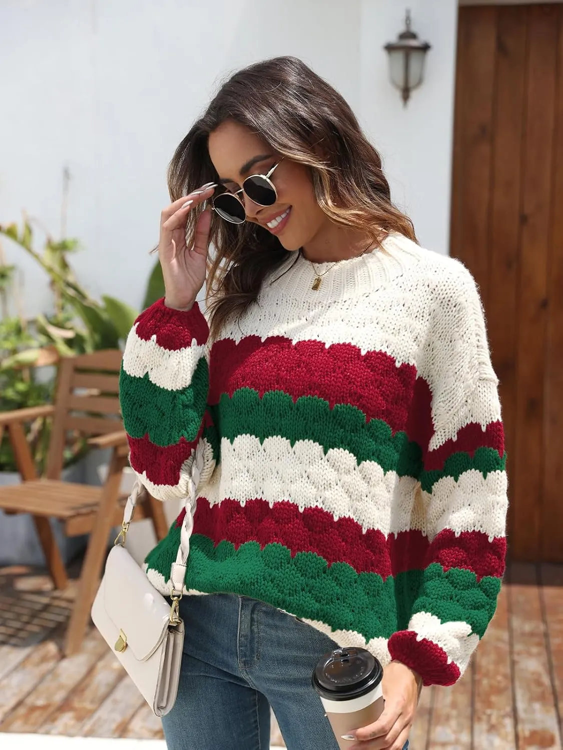 ZAFUL Womens Cute Sweaters Trendy 2024 Color Block Pullover Sweater Cable Knit Jumper Tops