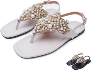 Zeberfi Women's Rhinestone Pearl Flat Sandals Fashion Open Square Toe T-Strap Buckle Bohemian Flip Flops Summer Elegant Bride Wedding Party Dress Shoes