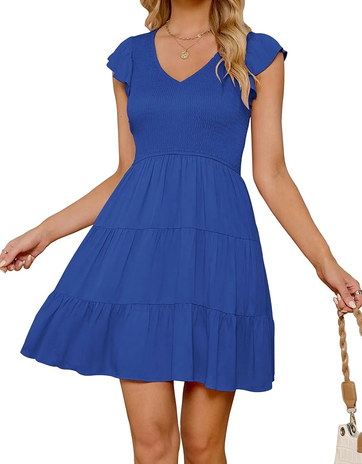 ZESICA Women's 2025 Summer Casual V Neck Flutter Sleeve Bohemian Ruffle Smocked A Line Swing Mini Dress
