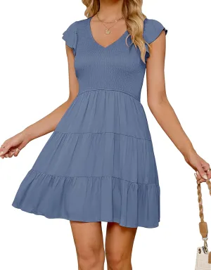 ZESICA Women's 2025 Summer Casual V Neck Flutter Sleeve Bohemian Ruffle Smocked A Line Swing Mini Dress