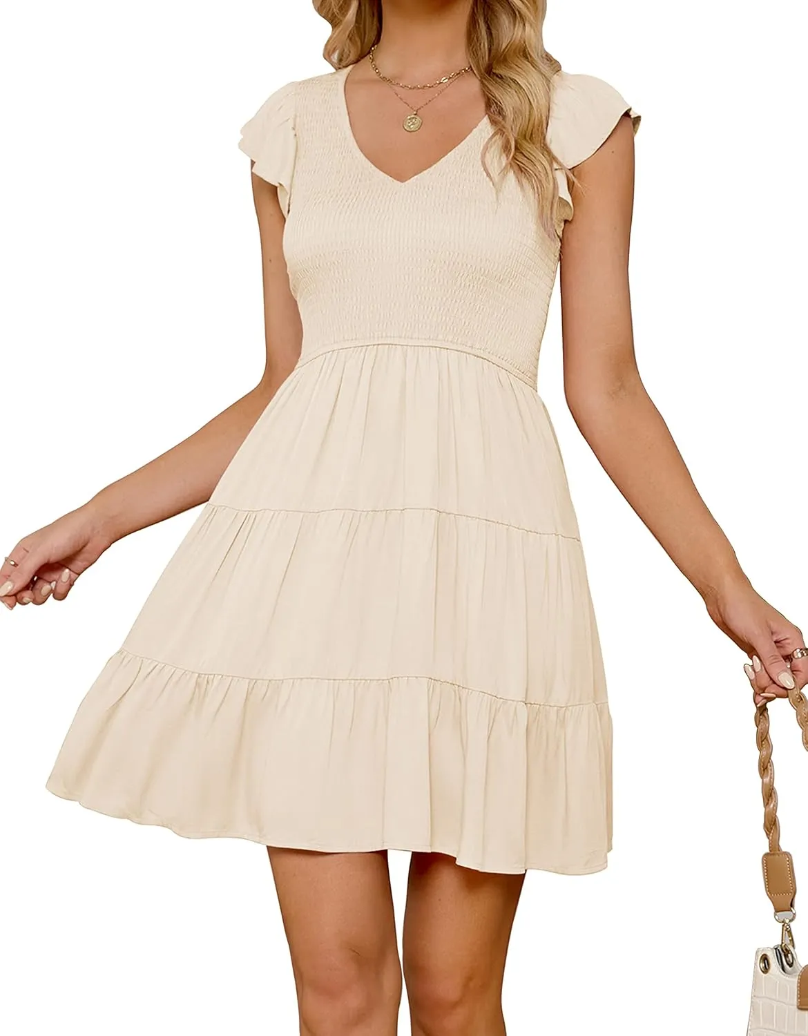 ZESICA Women's 2025 Summer Casual V Neck Flutter Sleeve Bohemian Ruffle Smocked A Line Swing Mini Dress