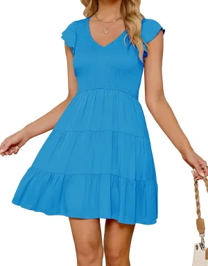 ZESICA Women's 2025 Summer Casual V Neck Flutter Sleeve Bohemian Ruffle Smocked A Line Swing Mini Dress