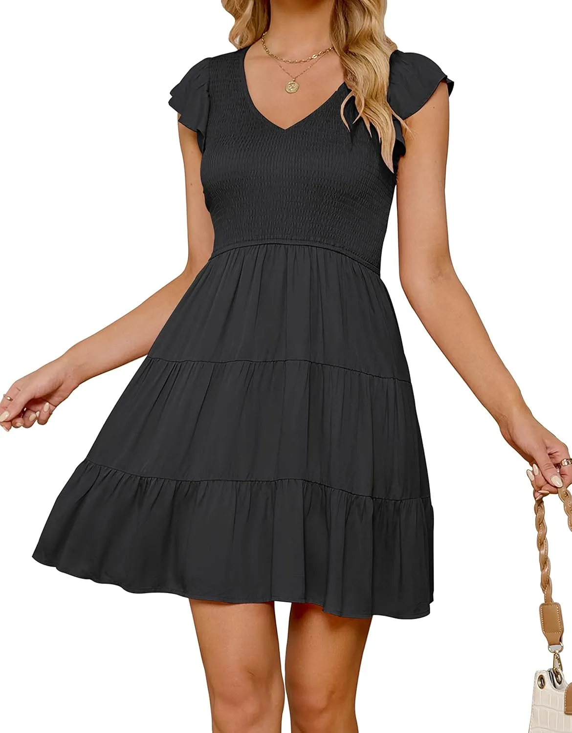 ZESICA Women's 2025 Summer Casual V Neck Flutter Sleeve Bohemian Ruffle Smocked A Line Swing Mini Dress