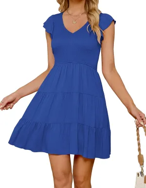 ZESICA Women's 2025 Summer Casual V Neck Flutter Sleeve Bohemian Ruffle Smocked A Line Swing Mini Dress