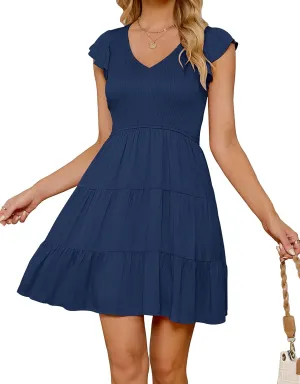 ZESICA Women's 2025 Summer Casual V Neck Flutter Sleeve Bohemian Ruffle Smocked A Line Swing Mini Dress