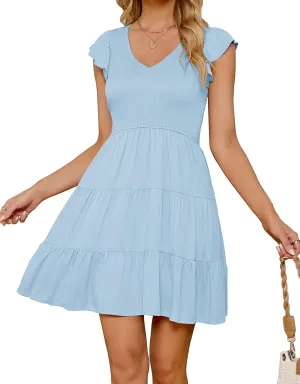 ZESICA Women's 2025 Summer Casual V Neck Flutter Sleeve Bohemian Ruffle Smocked A Line Swing Mini Dress