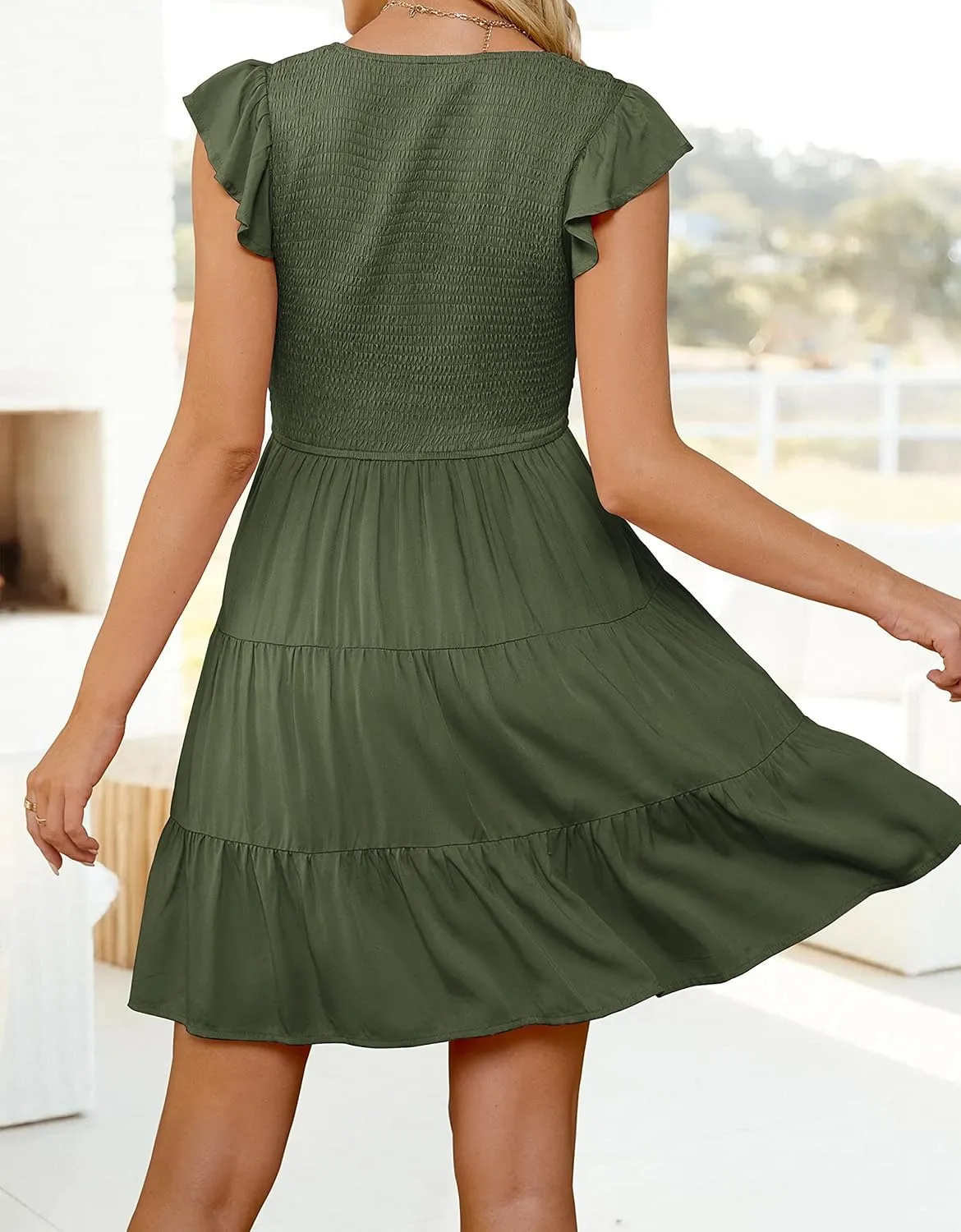 ZESICA Women's 2025 Summer Casual V Neck Flutter Sleeve Bohemian Ruffle Smocked A Line Swing Mini Dress
