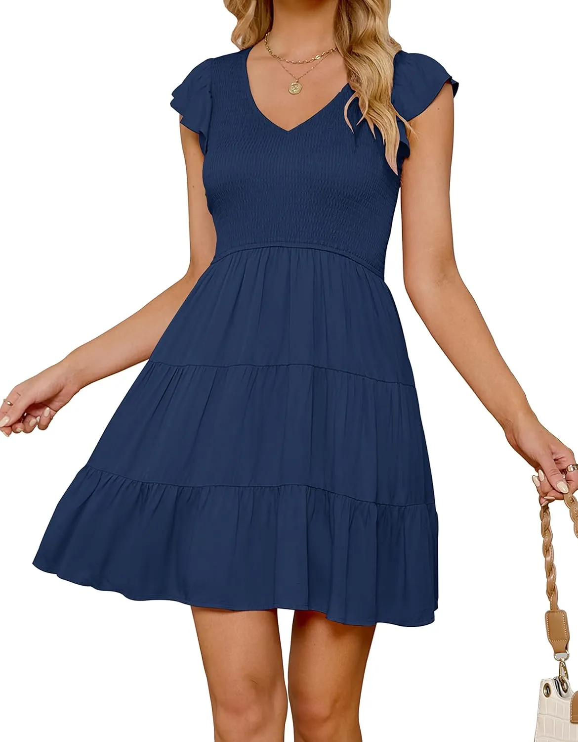 ZESICA Women's 2025 Summer Casual V Neck Flutter Sleeve Bohemian Ruffle Smocked A Line Swing Mini Dress