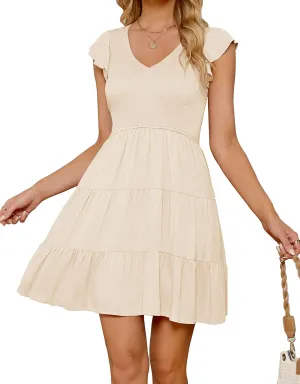 ZESICA Women's 2025 Summer Casual V Neck Flutter Sleeve Bohemian Ruffle Smocked A Line Swing Mini Dress