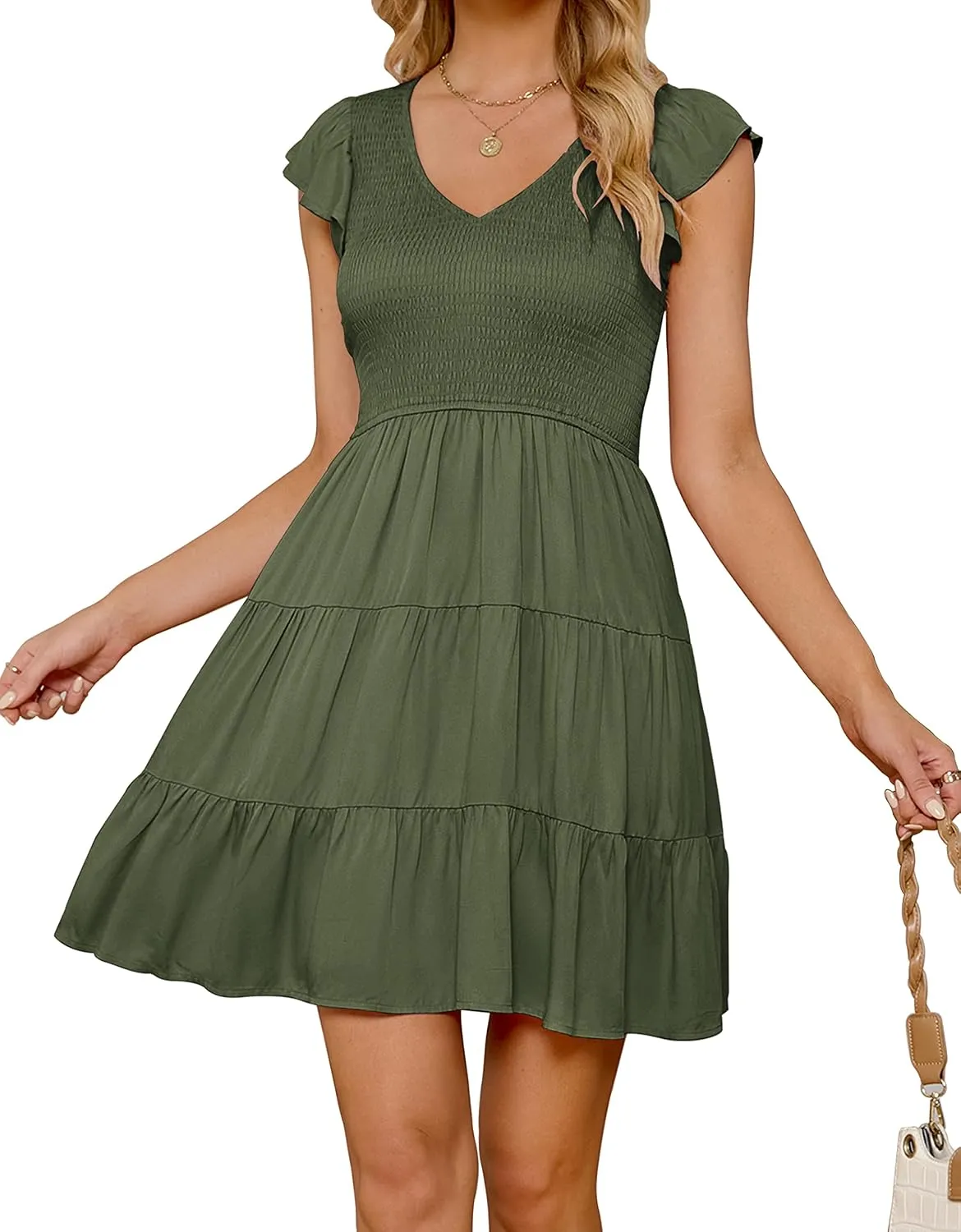 ZESICA Women's 2025 Summer Casual V Neck Flutter Sleeve Bohemian Ruffle Smocked A Line Swing Mini Dress