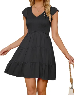 ZESICA Women's 2025 Summer Casual V Neck Flutter Sleeve Bohemian Ruffle Smocked A Line Swing Mini Dress