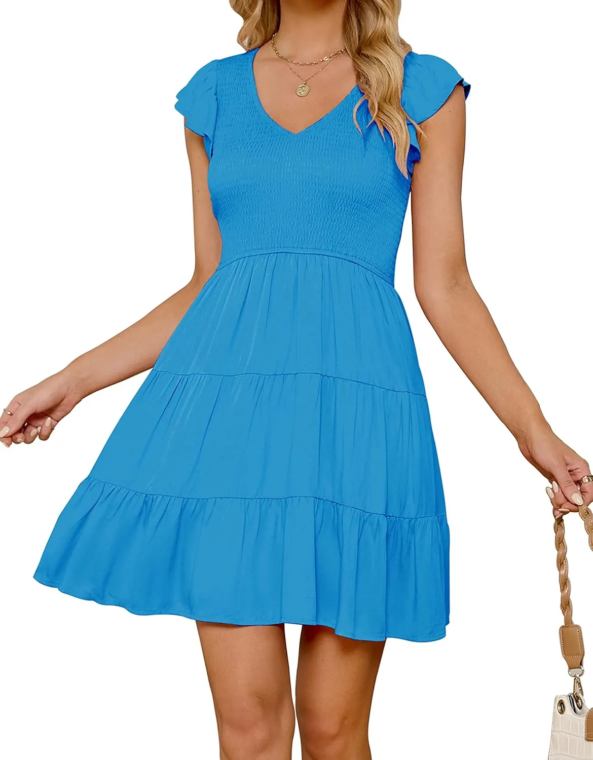 ZESICA Women's 2025 Summer Casual V Neck Flutter Sleeve Bohemian Ruffle Smocked A Line Swing Mini Dress