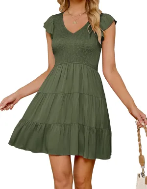 ZESICA Women's 2025 Summer Casual V Neck Flutter Sleeve Bohemian Ruffle Smocked A Line Swing Mini Dress