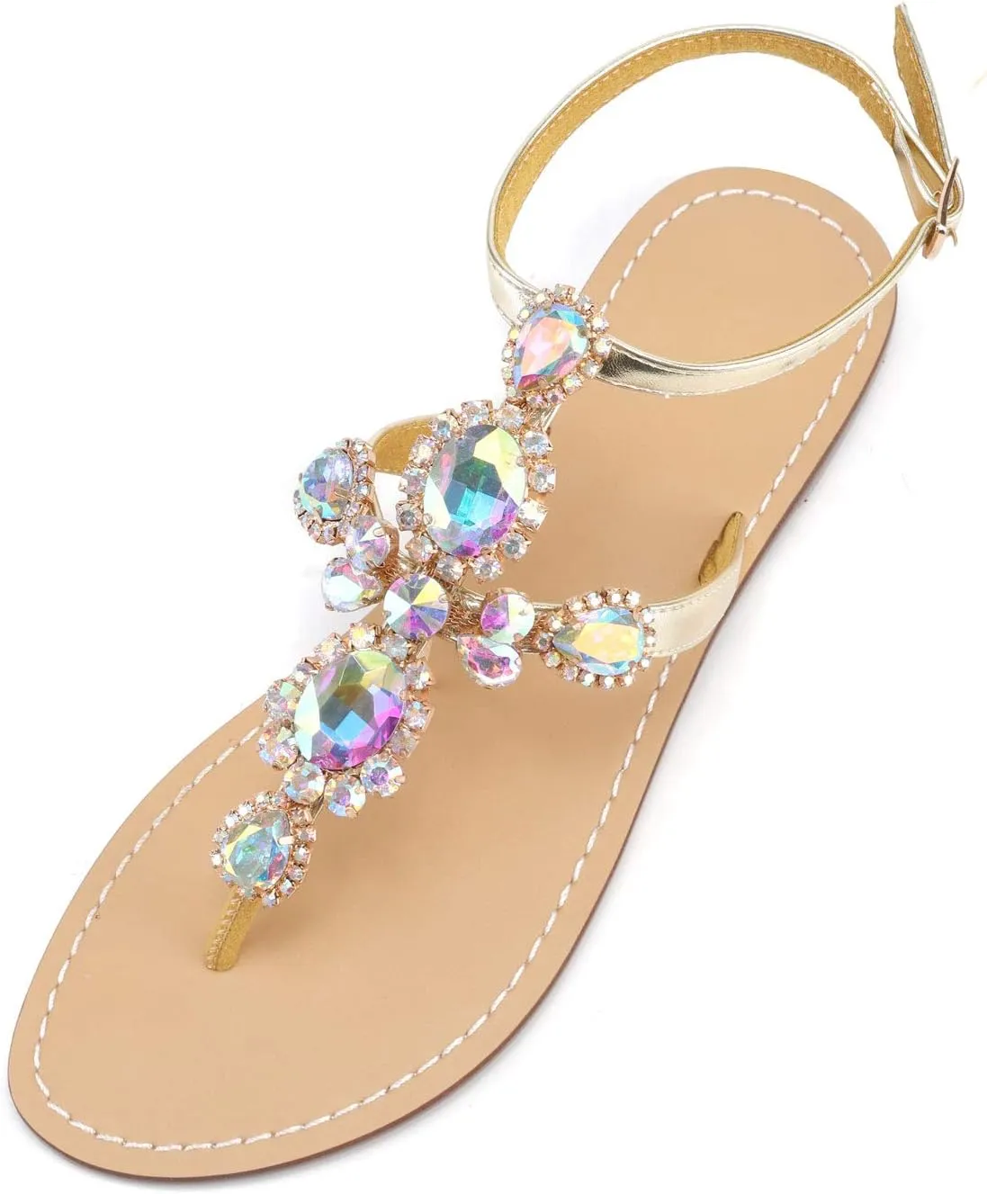 ZhuLinFeng Women'S Rhinestone Gladiator Sandals Flat Wedding Sandals Gem Pearl Sparkling Bridal Bridesmaid Sandals Blue Bohemian Sandals