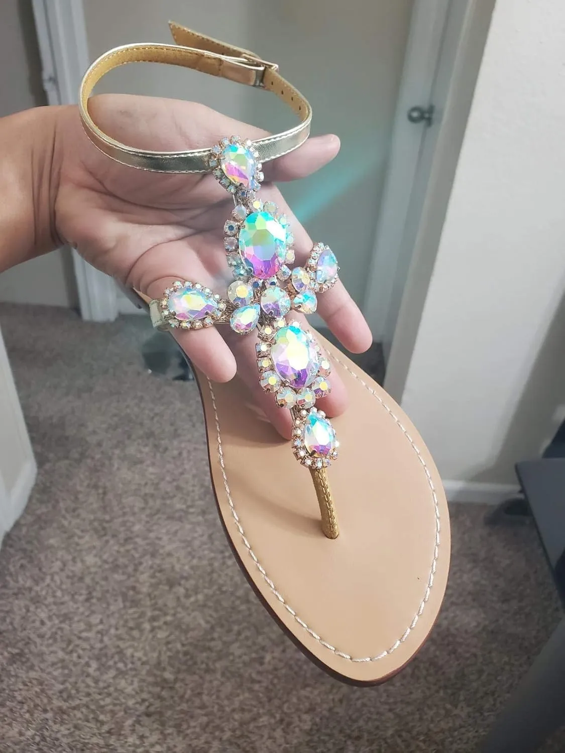 ZhuLinFeng Women'S Rhinestone Gladiator Sandals Flat Wedding Sandals Gem Pearl Sparkling Bridal Bridesmaid Sandals Blue Bohemian Sandals