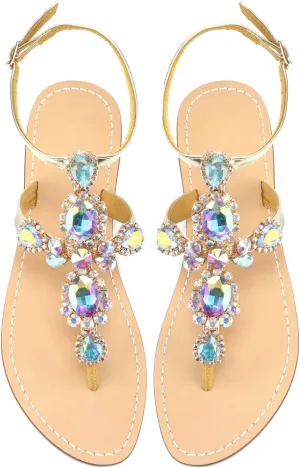 ZhuLinFeng Women'S Rhinestone Gladiator Sandals Flat Wedding Sandals Gem Pearl Sparkling Bridal Bridesmaid Sandals Blue Bohemian Sandals
