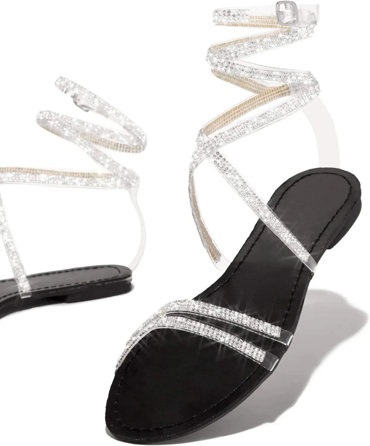 ZKXYFFS Flat Sandals for Women Rhinestone Ankle Strap Gladiator Sandal Dressy Open Toe Slingback Casual Summer Non Slip Roman Flats