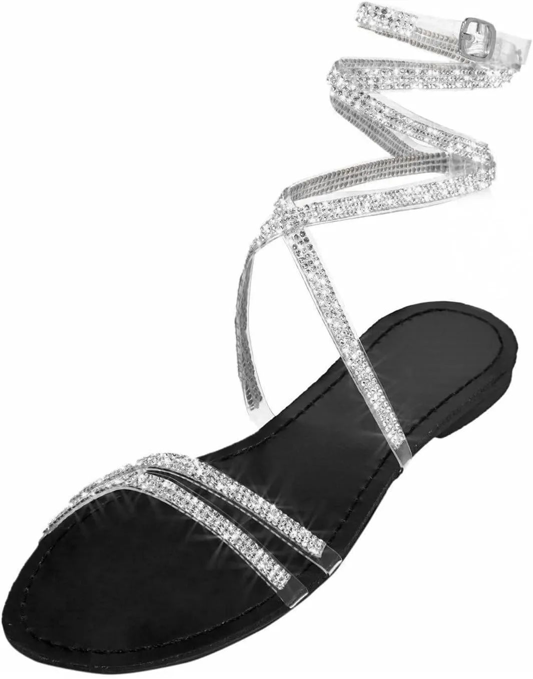 ZKXYFFS Flat Sandals for Women Rhinestone Ankle Strap Gladiator Sandal Dressy Open Toe Slingback Casual Summer Non Slip Roman Flats