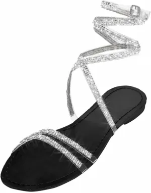 ZKXYFFS Flat Sandals for Women Rhinestone Ankle Strap Gladiator Sandal Dressy Open Toe Slingback Casual Summer Non Slip Roman Flats