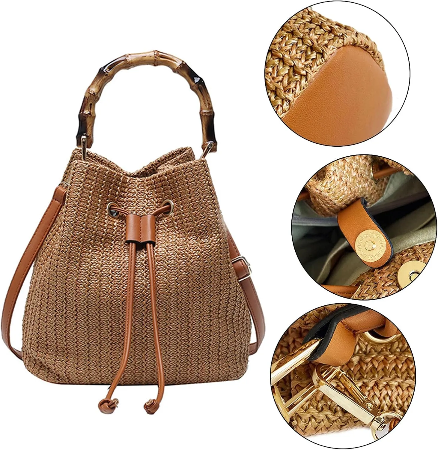 ZLM BAG US Straw Drawstring Bucket Bag Summer Crochet Tote Purse Pu Leather Strap Crossbody Shoulder Bag