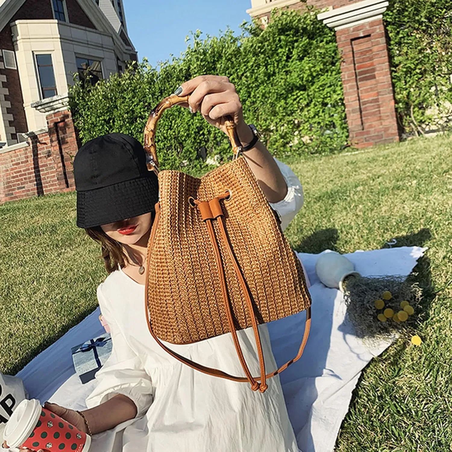 ZLM BAG US Straw Drawstring Bucket Bag Summer Crochet Tote Purse Pu Leather Strap Crossbody Shoulder Bag