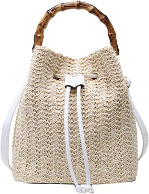 ZLM BAG US Straw Drawstring Bucket Bag Summer Crochet Tote Purse Pu Leather Strap Crossbody Shoulder Bag
