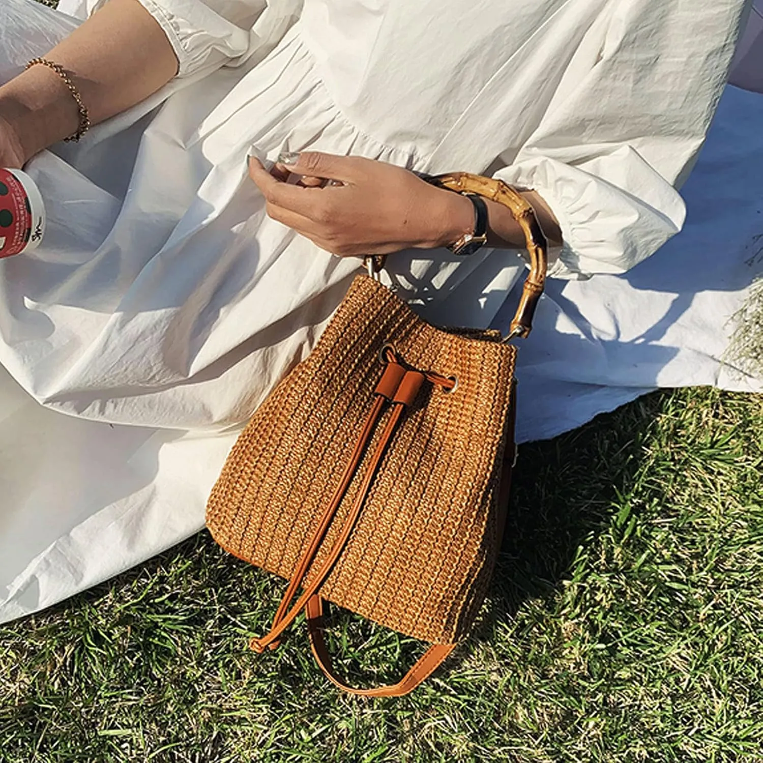 ZLM BAG US Straw Drawstring Bucket Bag Summer Crochet Tote Purse Pu Leather Strap Crossbody Shoulder Bag