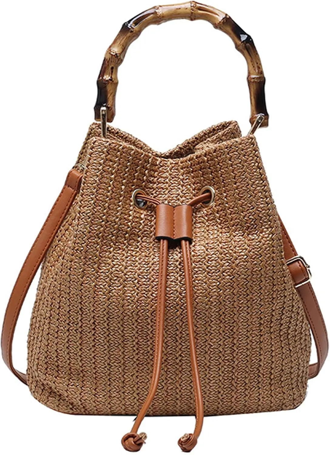 ZLM BAG US Straw Drawstring Bucket Bag Summer Crochet Tote Purse Pu Leather Strap Crossbody Shoulder Bag