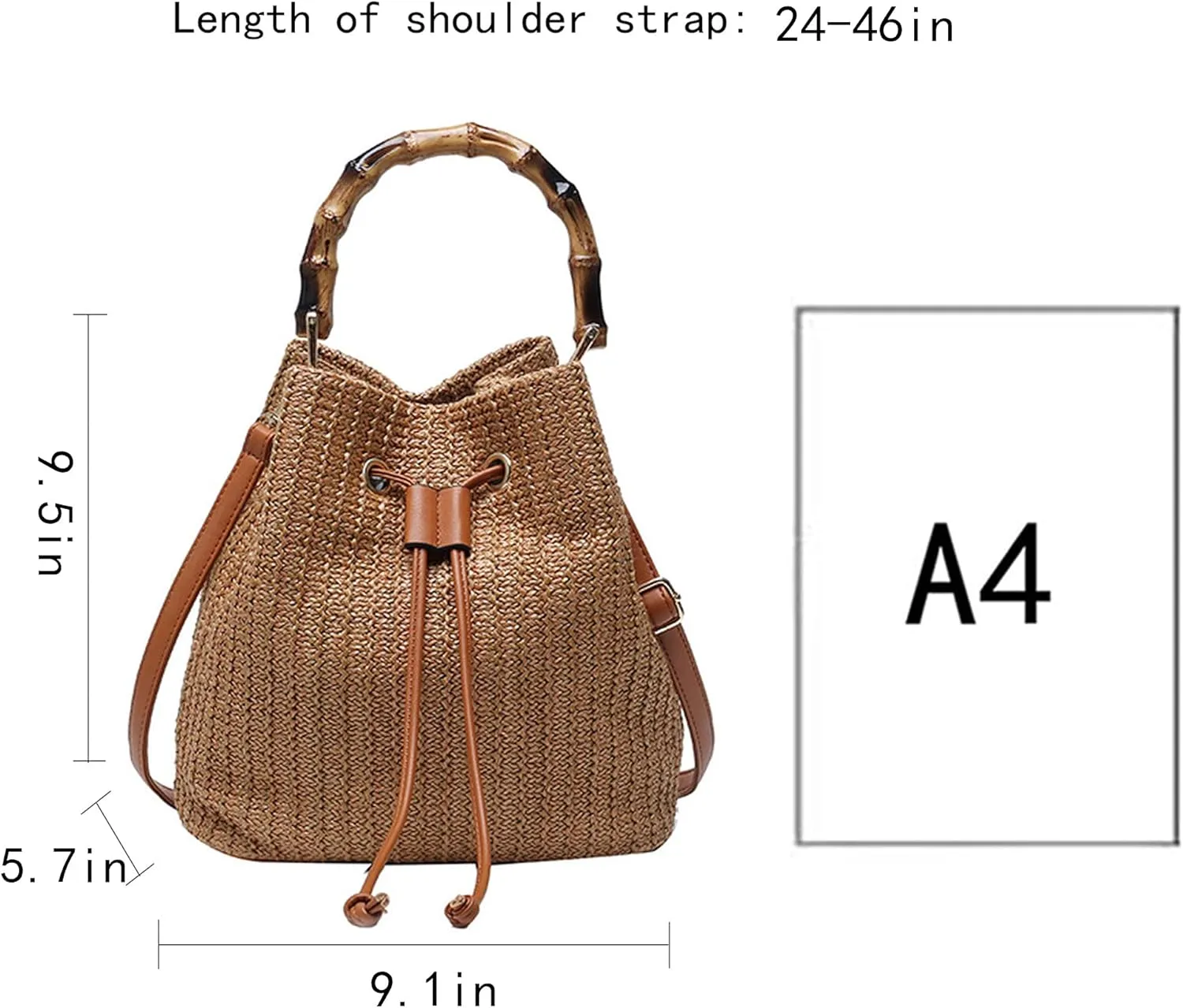 ZLM BAG US Straw Drawstring Bucket Bag Summer Crochet Tote Purse Pu Leather Strap Crossbody Shoulder Bag