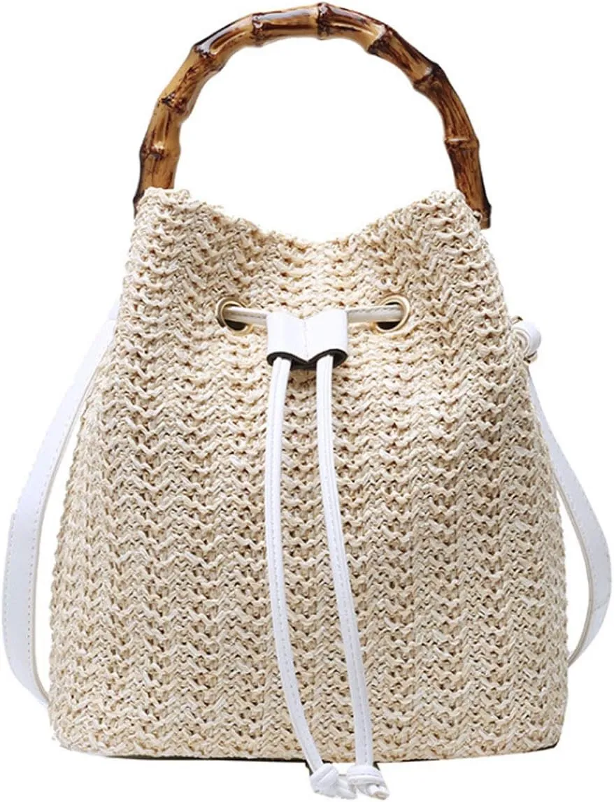 ZLM BAG US Straw Drawstring Bucket Bag Summer Crochet Tote Purse Pu Leather Strap Crossbody Shoulder Bag