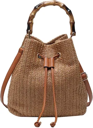 ZLM BAG US Straw Drawstring Bucket Bag Summer Crochet Tote Purse Pu Leather Strap Crossbody Shoulder Bag