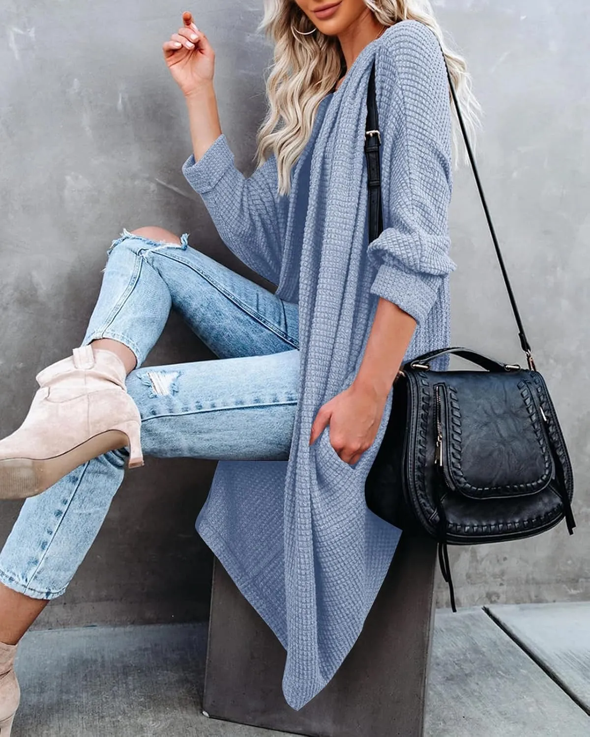 ZoeAce Womens Open Front Knit Cardigan Long Batwing Sleeve Oversized Sweater Chunky Waffle Cable Boho Pockets Coat
