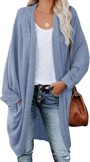 ZoeAce Womens Open Front Knit Cardigan Long Batwing Sleeve Oversized Sweater Chunky Waffle Cable Boho Pockets Coat
