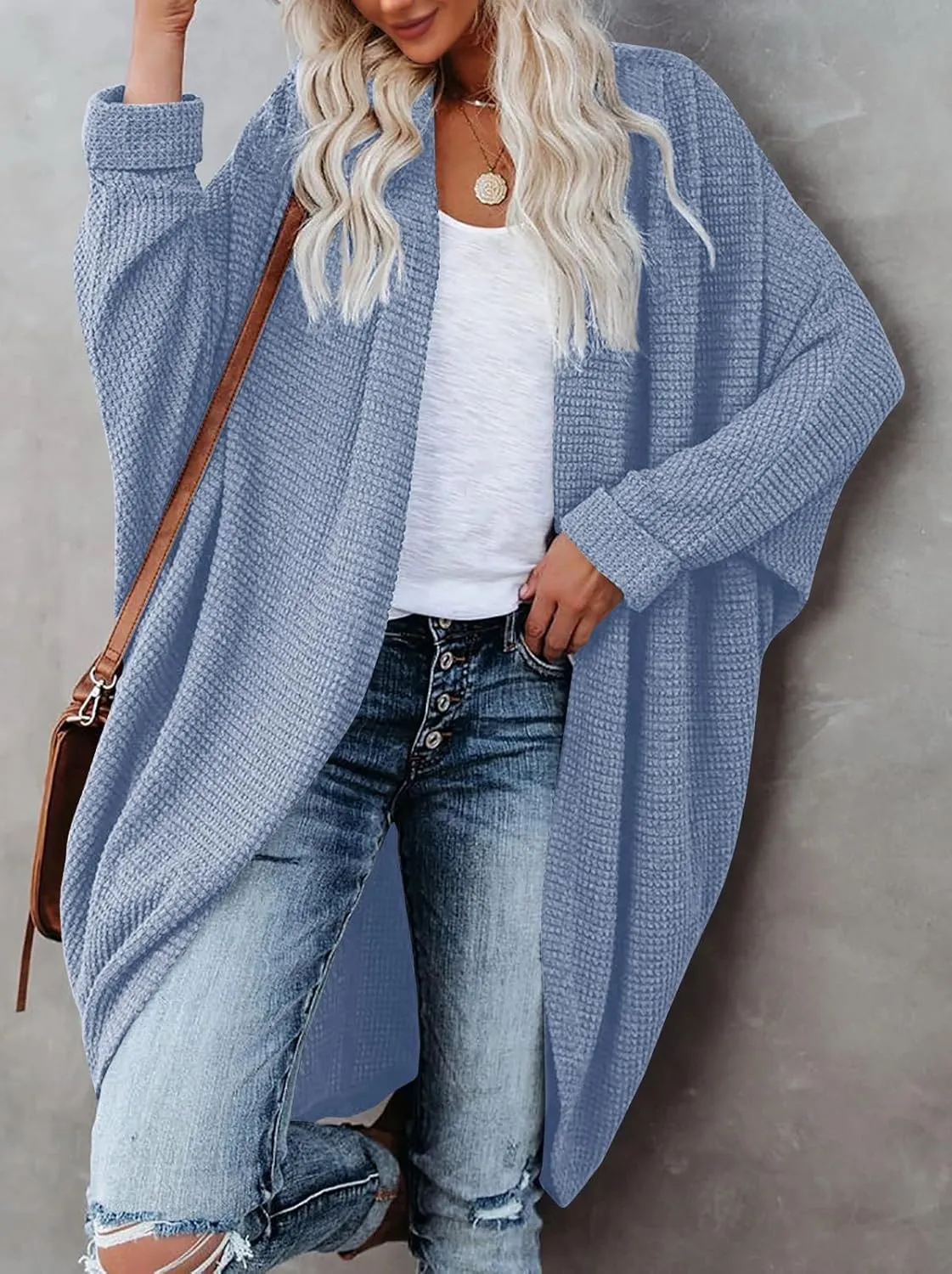 ZoeAce Womens Open Front Knit Cardigan Long Batwing Sleeve Oversized Sweater Chunky Waffle Cable Boho Pockets Coat