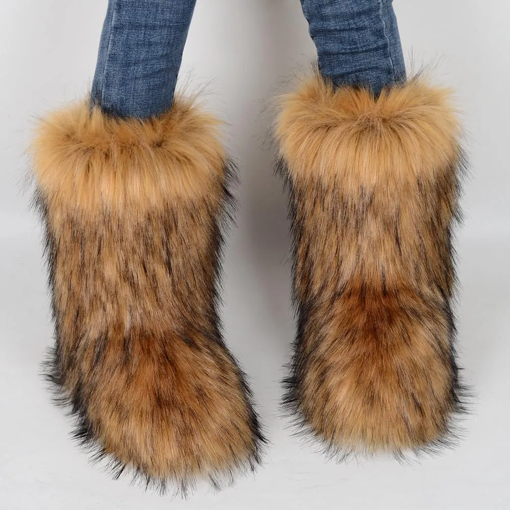 ZSGYCHCY Women's Faux Fur Boots Winter Fuzzy Fluffy Warm Furry Snow Boots Flat Shoes