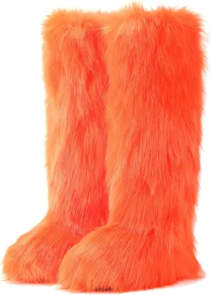 ZVC Women's Faux Fur Boots Comfortable Furry Snow Boots Fluffy Winter Boots Warm Fuzzy Outdoor Knee-High Boots Indoor Flat Shoes