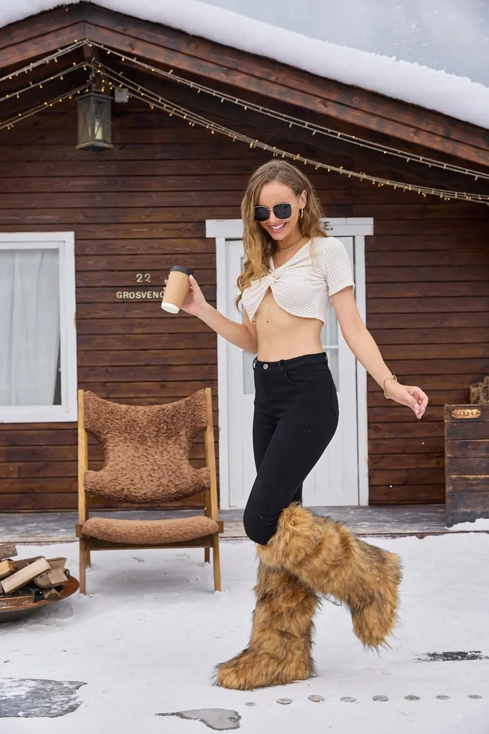 ZVC Women's Faux Fur Boots Comfortable Furry Snow Boots Fluffy Winter Boots Warm Fuzzy Outdoor Knee-High Boots Indoor Flat Shoes