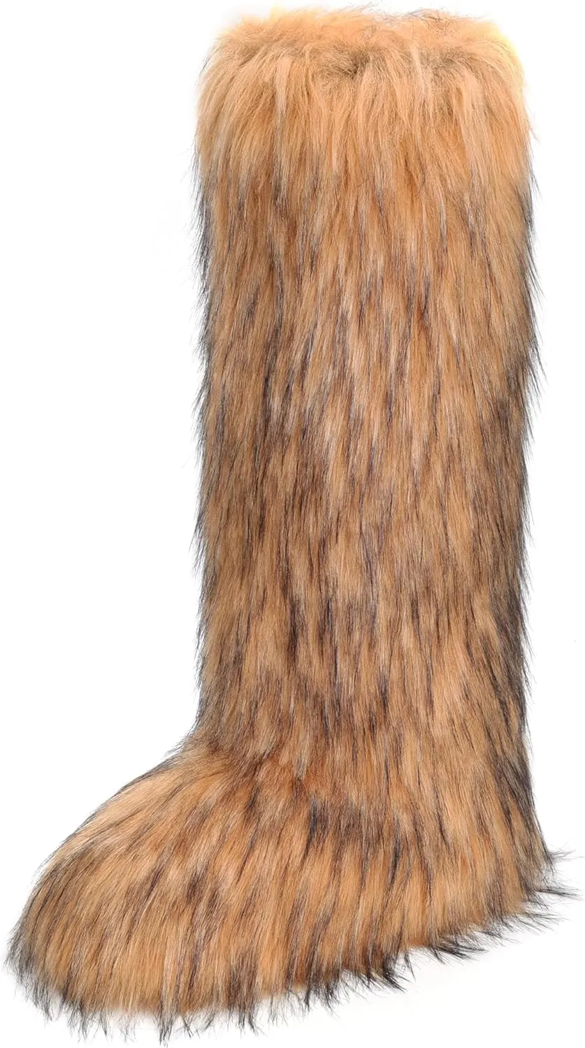 ZVC Women's Faux Fur Boots Comfortable Furry Snow Boots Fluffy Winter Boots Warm Fuzzy Outdoor Knee-High Boots Indoor Flat Shoes