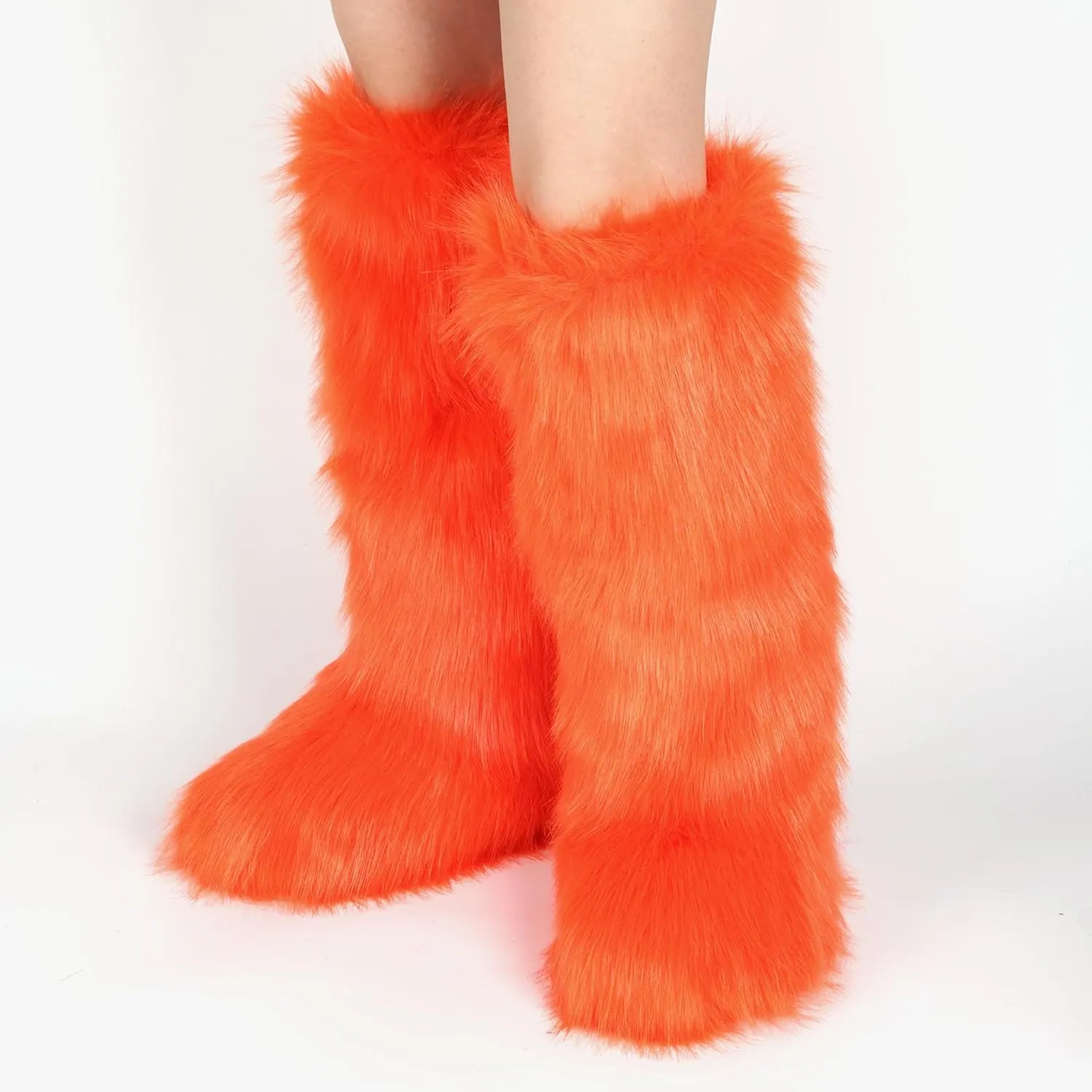 ZVC Women's Faux Fur Boots Comfortable Furry Snow Boots Fluffy Winter Boots Warm Fuzzy Outdoor Knee-High Boots Indoor Flat Shoes